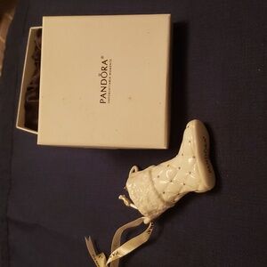 Pandora Ceramic White Boot Christmas irnament, 3" tall, with box